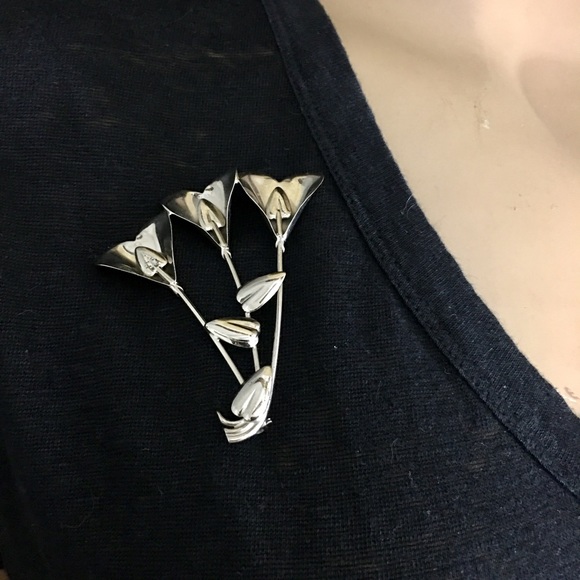 925 Sterling Silver Flower Heart Brooch Pin Vintage Valentine - Picture 8 of 10